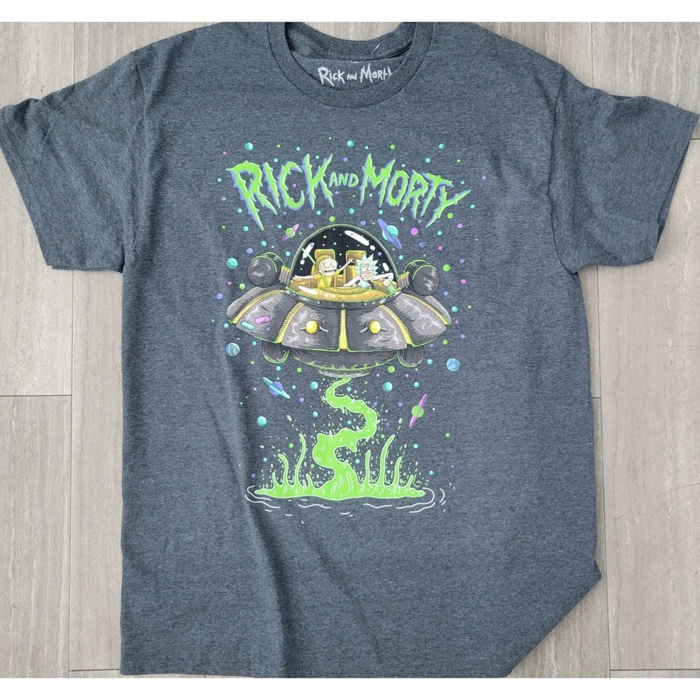 Rick and Morty Mens Large T-Shirt Space Cruiser Graphic Adult Swim Charcoal Gray